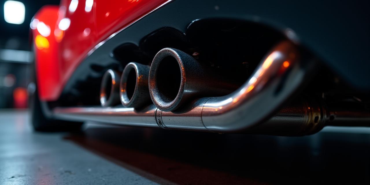 Close-up van een hoogwaardig titanium uitlaatsysteem onder een sportwagen