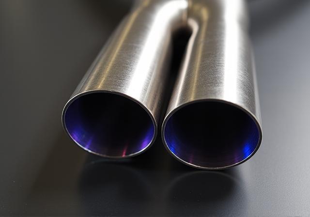 Vergelijking tussen gepolijst RVS en blauwgekleurd titanium uitlaatwerk